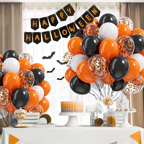 Image of 60pcs Orange and Black White Halloween Balloons, 12inch Black Orange White Latex Confetti Balloons for Ghost Halloween Birthday Party Decorations