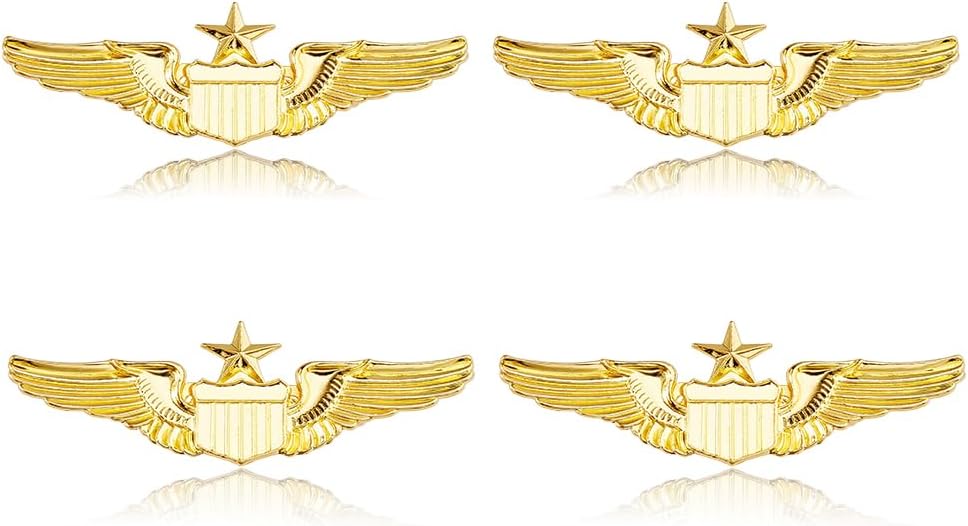 4Pcs Wings Pins 2.3" Wide Air Force Senior Pilot Wings Badge Alloy Aviator Wing Pin Metal Pilot Wing Brooch for Hat Shirt Uniform Costume Flight Attendant Pins, Gift for Pilots