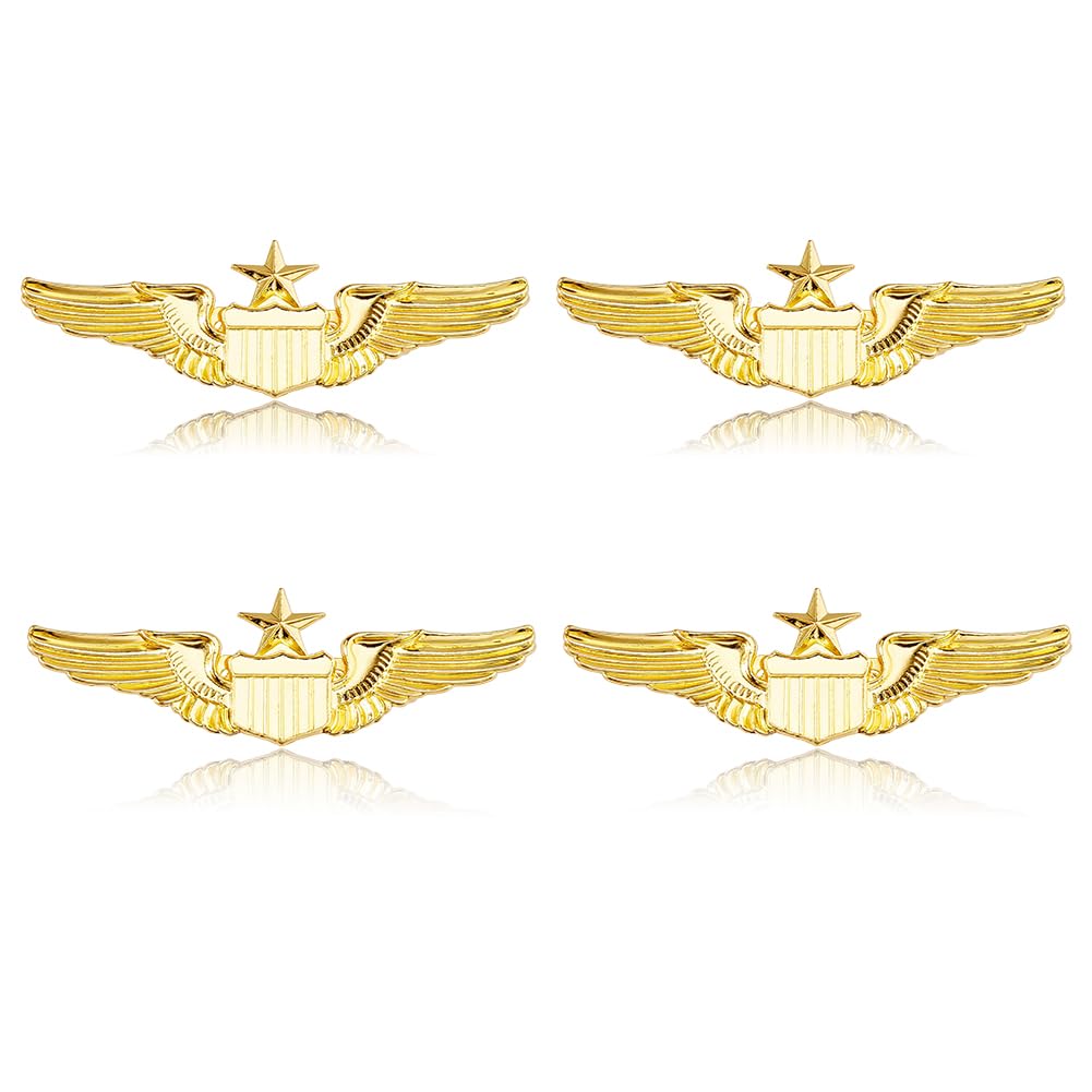 SUPERFINDINGS 4Pcs Wings Pin Alloy Gold Wing Pilot Badge 2.32'' Costume Lapel Pins Brooch Air Force Wing Pins Metal Aviator Wings Pin for Hat Shirt Uniform Pilot Costume