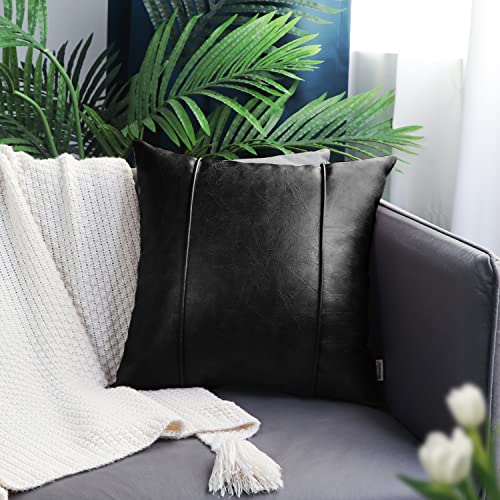 Image of BRAWARM Black Leather Throw Pillow Covers 18 X 18 Inches - Faux Leather Pillow Cover with Piping, Hand Stitched Faux Leather Throw Pillow for Couch Sofa Bed Living Room Home Decorative