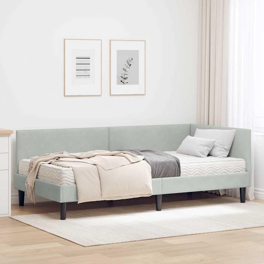 Jasnoszara aksamitna rama łóżka narożnego z materacem, 204 x 104 x 72 cm, oddychająca, trwała, montowany na ścianie, nowoczesny design do sypialni, w zestawie materac o średniej twardości