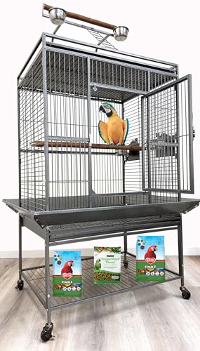 Extra Large Elegant and Durable Wrought Iron Climbing Ladder Perch Stand Play Top Ground Bird Parrot Metal Cage Around Seed Guard Storage Shelf with Heavy Duty Lockable Rolling Wheels