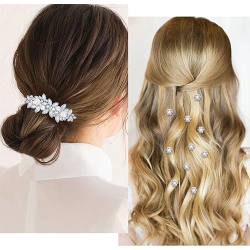13 piezas de clips para el cabello con pedrería, incluyendo 10 clips miniatura de flores plateadas, 2 pasadores de cristal y 1 broche decorativo de pedrería con perlas para novias, mujeres y niñas miniatura 4
