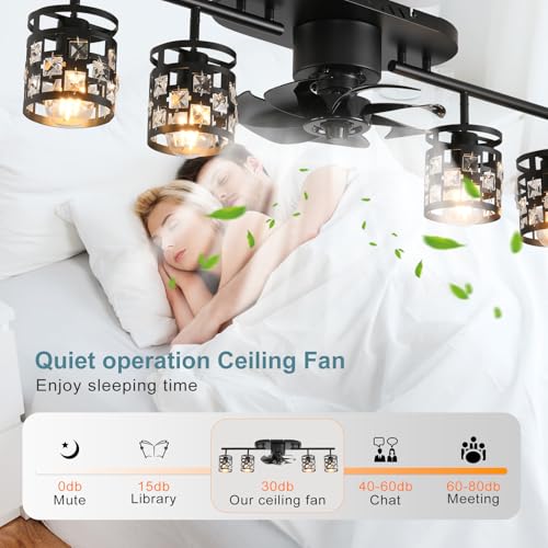 Image of Garwarm 39.3 inch Ceiling Fans with Lights and Remote, Black Fandelier Crystal | Flush Mount Ceiling Fan with 360 Rotatable Lampheads, 6 Speeds,Timing, Reversible DC Motor for Bedroom, Kitchen, Dining Room