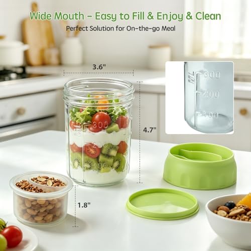 Image of Overnight Oats Containers with Lids & Spoon 4 Pack 16oz, Leak-Proof Glass Over night Oat Jars with Divided Compartments for Fruit & Nuts, Meal Prep Mason Jars for Oatmeal Yogurt Chia Seed Pudding