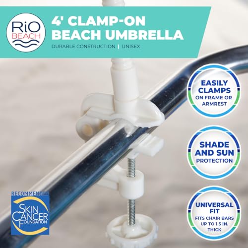 Rio Brands Wave Beach 4' Adjustable Clamp-On Beach Umbrella and Sun Shade, Lightweight Polyester Umbrella with Clamp for Chair - Image 4