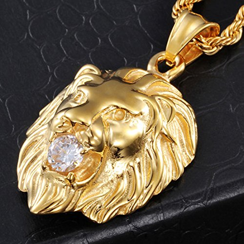 Jewelry Kingdom 1 Mens Necklace Lion Pendant Necklace, Bigger in Size, Silver Plated Stainless Steel, 3PCS Shiny CZ Diamonds, Comes with Rope Chain 24”and in a Gift Box4