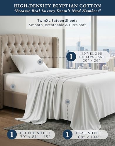 Image of LANE LINEN Twinxl Sheets Set 100% Egyptian Cotton Sateen - White | Twin XL Sheets Pattern - 3-Piece Set, Ideal For Dorms And Adjustable Beds, For A Luxurious Night's Sleep, Cozy Feel