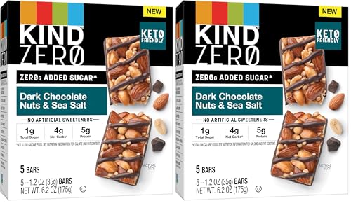 KIND ZERO Added Sugar Bars, Dark Chocolate Nuts and Sea Salt, Keto Friendly Snacks, Gluten Free, 5g Protein, 5 Count (Pack of 2)