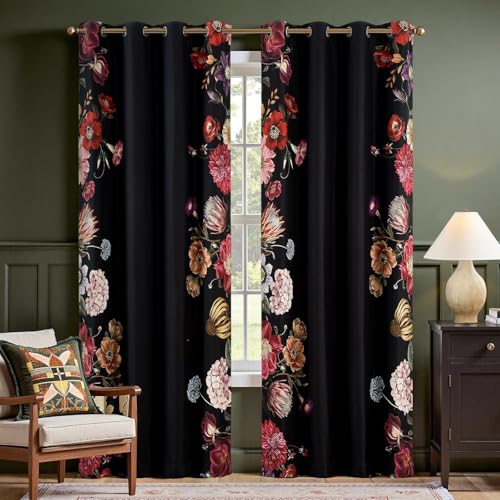 Image of BFAM Floral Print 100% Blackout Curtain with Black Linning at Back,Border Flower Print Curtains for Living Room /Bedroom Thermal Insulated Energey Saving 9 Feet Pack of 1 Curtain
