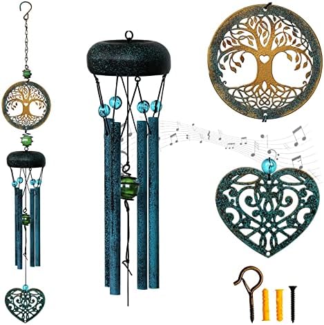 Tree of Life Metal Wind Chime - Deep Tone Wind-Bell Outdoor Garden Art Decor Retro Asphalt Unique Love Heart Wind Noisemakers Memorial Gifts, 27'' with 4 Tuned Tubes with Safety Buckle Screw-in Hooks