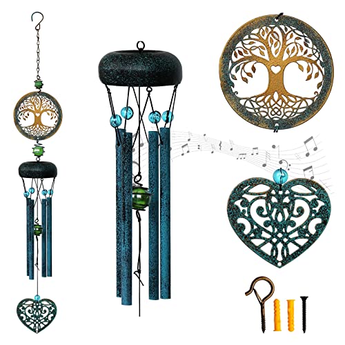 Tree Of Life Metal Wind Chime - Deep Tone Wind-Bell Outdoor Garden Art Decor Retro Asphalt Unique Love Heart Wind Noisemakers Memorial Gifts, 27'' With 4 Tuned Tubes With Safety Buckle Screw-In Hooks #TOP20