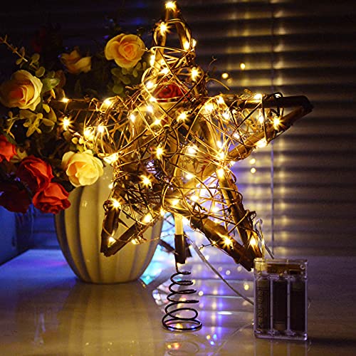 Star Christmas Tree Topper, Rattan Natural Christmas Tree Topper Lighted With 23Ft 30Led Warm White Battery Powered Copper Lights, Rustic Farmhouse Xmas Tree Topper Star Christmas Decorations #TOP1