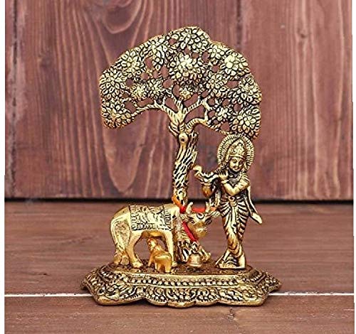 S G International Metal Krishna with Cow Standing Under Tree Plying Flute Decor Showpiece