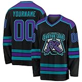 Custom Name Team Logo Number Black Purple-Teal Hockey Jersey, Customized Personalized Team Name Number V-Neck Sports Hockey Jersey for Men Women Youth