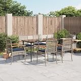 KLGBNCVE 7 Piece Outdoor Dining Set with Cushions, Gray Poly Rattan Patio Furniture with Tempered Glass Table and Powder-Coated Steel Frame