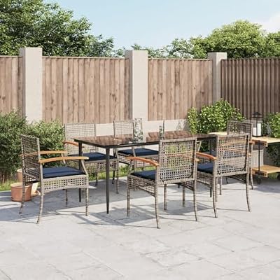 KLGBNCVE 7 Piece Outdoor Dining Set with Cushions, Gray Poly Rattan Patio Furniture with Tempered Glass Table and Powder-Coated Steel Frame