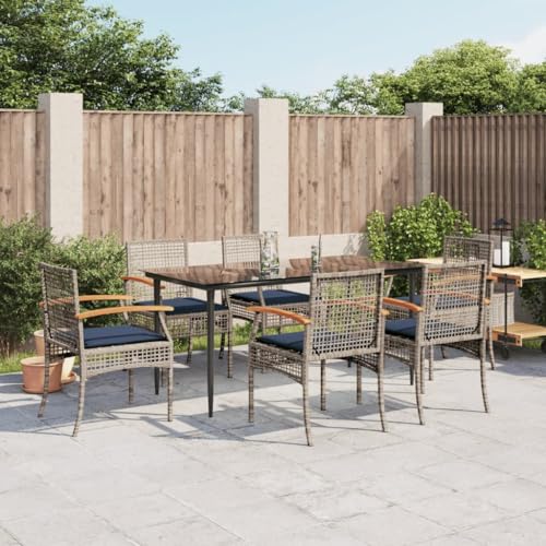 JHQHSM 7 Piece Outdoor Dining Set with 6 Chairs in Gray Navy Blue Black, Modern Poly Rattan Furniture with Powder-Coated Steel Frame and Removable Cushions for Patio Balcony Garden