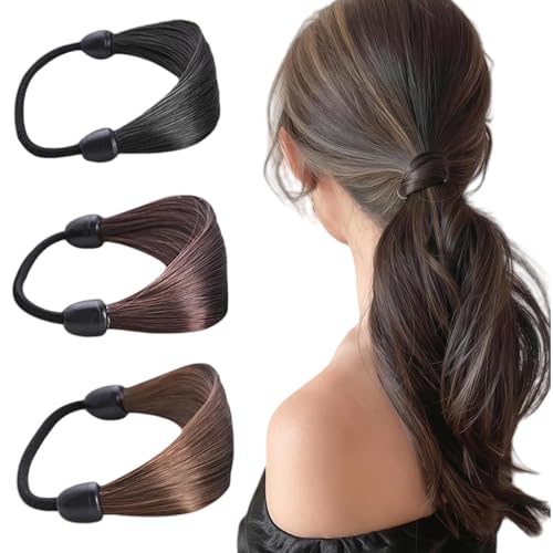 3Pcs Invisible Wig Hair Ties No-Snag Elastic Ponytail Holders Braided Faux Hairs Rope Rings for Women (3 Colors)
