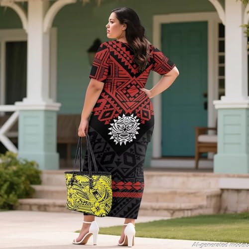 Image of Polynesian Dress for Women Short Sleeve High Waist Maxi Skirt | Puletasi dress, t-shirt and skirt two-piece, elastic material, lightweight, soft, plus size, luau party, wedding, clubwear