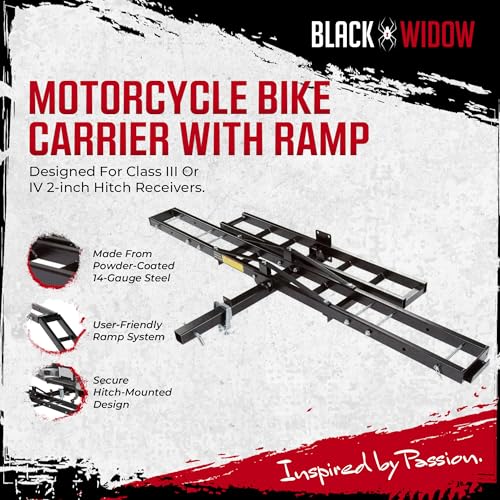 Image of Black Widow Steel Motorcycle Carrier with Ramp for 2-Inch Receiver, 500 lb Capacity - Hitch-Mounted Dirt Bike and Scooter Hauler with Grit-Coated Track and Anti-Rattle Device for SUVs and Trucks