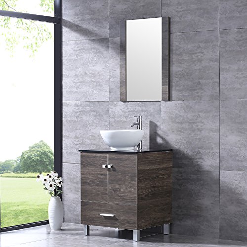 Bathjoy 24" Ply Wood Bathroom Vanity Cabinet Round Bowl Ceramic Vessel Sink Combo Countertop Sink Set Faucet Drain W/Mirror #TOP12