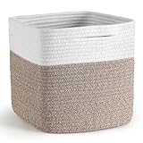 Storage Cubes 11 Inch Storage Baskets for Shelves, Cotton Rope Woven Baskets for Organizing, Cube Storage Square Bins for Toy, Playroom Decor, Classroom, Closet, White+brown, 1pack