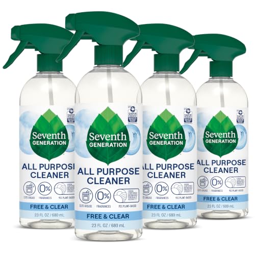 Seventh Generation All Purpose Cleaner, Free & Clear, 23 oz, Pack of 4, Plant-Based Cleaning Spray, Cuts Grease & Grime, No Fragrance or VOCs, Safe for Kids & Pets, Works on Glass, Sealed Wood & More