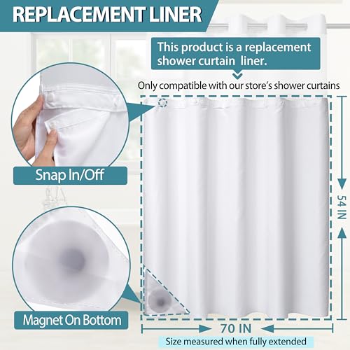 Snap in Shower Curtain Liner Replacement Shower Curtain Liner Removable Liner (1 Pack, 70" W x 54" H-White)