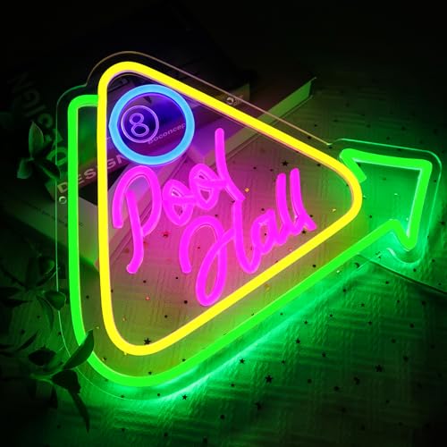 Image of Pool Hall Neon Sign for Wall Decor, Billiards Led Signs for Business, USB Dimmable 15.3 inch x 12.6 inch Neon Lights for Game Room Billiards Hall Garage Bar Club Man Cave Arcade Wall Art