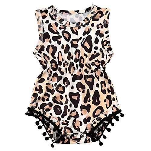 Newborn Infant Baby Girls Leopard Outfits Ruffle Romper Bodysuit One-Pieces Jumpsuit Footed Pajamas Clothes (Pompom Tassel Ropmer Cheetah, 18-24 Months)