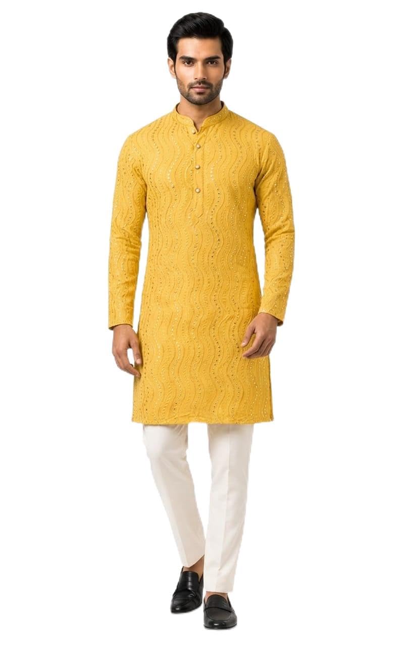 Men's Yellow Fully Sequence Work Kurta with Mandarin Collar-picture-51