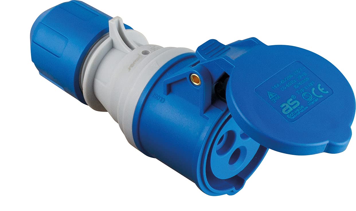 as - Schwabe - CEE Socket with POWERLIGHT Voltage Indicator - 230 V, 16 A, 3-Pole - Outdoor Coupling - IP44 Protected from Foreign Objects and Splash-Water - for Outdoor use - Blue, 61487