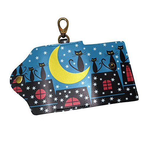Preisvergleich Produktbild BENNIGIRY Winterszene mit Katzen Leder Schlüsseletui Geldbörse Unisex Schlüsselanhänger Schlüsselhalter mit 6 Haken Schnappverschluss