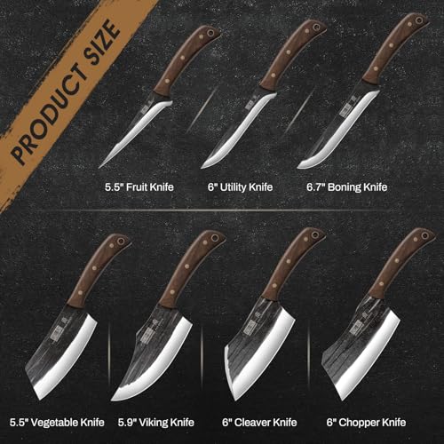 HOSHANHO Butcher Knife Set, Hand Forged Butcher Chef Knife Set with Roll Bag, Sharp Meat Cleaver Bone Chopper Fillet Knife for Home & Camping & BBQ Gift for Men - Image 3