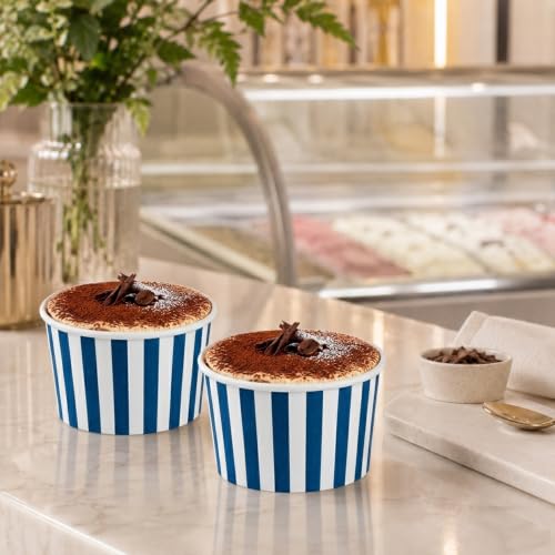 Image of Coppetta 5 Ounce Dessert Cups, 50 Disposable Ice Cream Cups - Lids Sold Separately, Sturdy, Blue And White Paper FroYo Bowls, Striped, For Hot And Cold Foods, Perfect For Gelato - Restaurantware