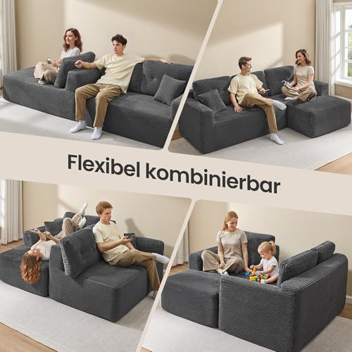 VASAGLE Ecksofa, modulares Sofa 244 cm breit, vakuumverpackt, Schlafsofa, Keine Montage erforderlich, mit großer Chaiselongue rechts, für Wohnzimmer, Gästezimmer, schiefergrau LCS184GN01