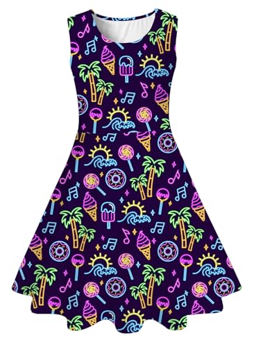 Funnycokid Neon Dress Girls Size 10 9 Kids Summer Sleeveless Sundress Birthday Party Clothes Twirly Outfit Ice Cream 9-10 Years Beach