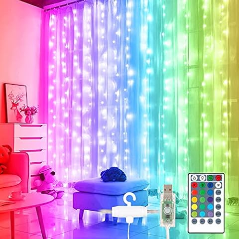 SUNNEST Curtain Fairy Lights, 16 Colors 3x3M 300 LEDs String Lights with Remote USB Powered 4 Timer Modes IP68 Waterproof Hanging Lights for Bedroom Party Wedding Garden Outdoor Indoor Decor Cover