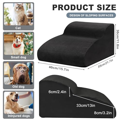 Mozvvco Hundetreppe für Kleine Hunde, 2 Stufen Haustiertreppe für Bett und Sofa aus Hochdichtem Schwamm, Hunde Treppen mit Abnehmbarer Bezug, Waschbar Haustierleiter, Senden Fusselrolle, Schwarz