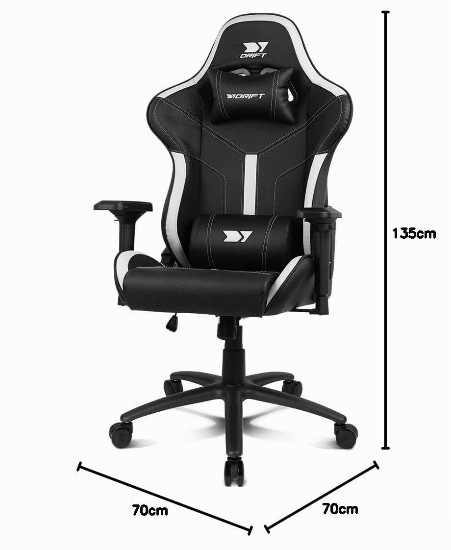DRIFT GAMING DR350 – Ergonomischer Profi-Gaming-Stuhl mit 4D-Armlehnen, Lenden- und Nackenkissen, 135° neigbar, Leise Rollen, Schwarz/Weiß