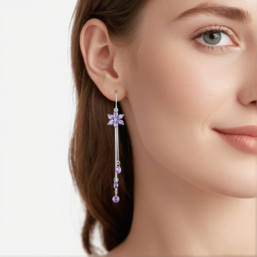 Threader Earrings Sterling Silver Purple Crystal Cubic Zirconia Flower Dangle Earrings Holiday Birthday Jewelry Gifts for Women - Image 2