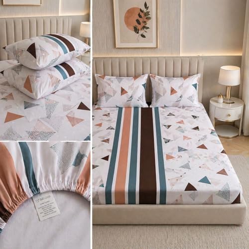 Image of Castiqa Elastic Fitted Supersoft Premium Brushed Cotton 200TC Double Bedsheets King Size 78x72 Inch with 2 Pillow Covers (Fits Upto Mattress of 8 Inches) (Green White Triangle)