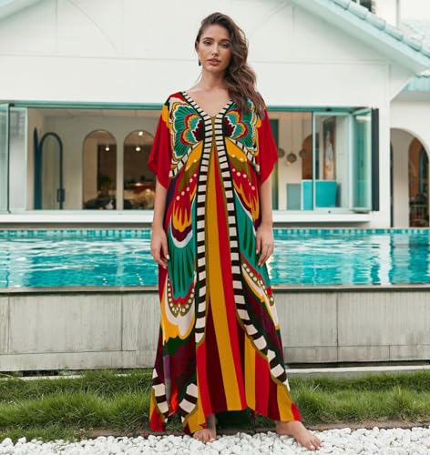 Image of sunforyou Kaftan Dresses for Women Plus Size Lightweight Swimsuit Cover up Batwing Sleeve Print Loungewear Beach Robe