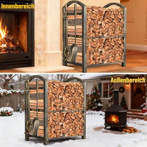 Amagabeli Kaminholzregal Innen Brennholzregal mit 4 Kaminwerkzeug 74x40x30cm Kaminholzständer für Innen und Außen Kaminholzhalter Holzregal für Kamin Kaminofen Besteck Schmiedeeisen Bronze-6