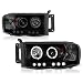 [For 2002-2005 Dodge RAM 1500 2500 3500] LED Halo Ring Black Smoke Projector Headlight Headlamp Assembly, Driver & Passenger Side