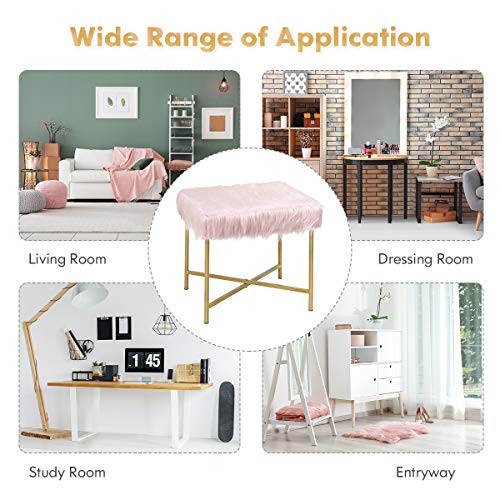 Giantex Ottoman Footrest W/Padded,Luxurious Faux Fur Covered Seat And Gold Metal Base For Living Room, Bedroom Square Ottoman (Pink) #TOP2