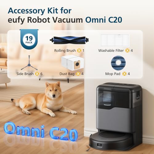 Image of 𝗢𝗺𝗻𝗶 𝗖𝟮𝟬 Accessory Kit for eufy Omni C20 Robot Vacuum, 𝟭𝟵 𝗣𝗔𝗖𝗞 Replacement Parts Include: 1* Main Rolling Brush, 4* Washable Filter, 6* Side Brush, 4* Dust Bag, 4* Mop Pad