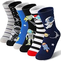 SAVALOS Kids Boys Fun Dress Cotton Crew Socks Funny Crazy Cartoon Cute Novelty Space Gifts Cotton Crew Dress Socks Stocking Stuffers 6 Pairs(Space,5-8 Years)