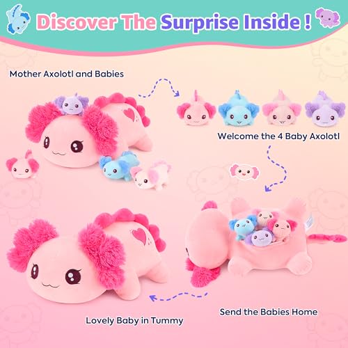 Image of Onsoyours Original 5PC Axolotl Stuffed Animals with Babies Inside, Kawaii Axolotl Plush with Mommy & 4 Baby - Cute Soft Plushies Toys for Girls Kids
